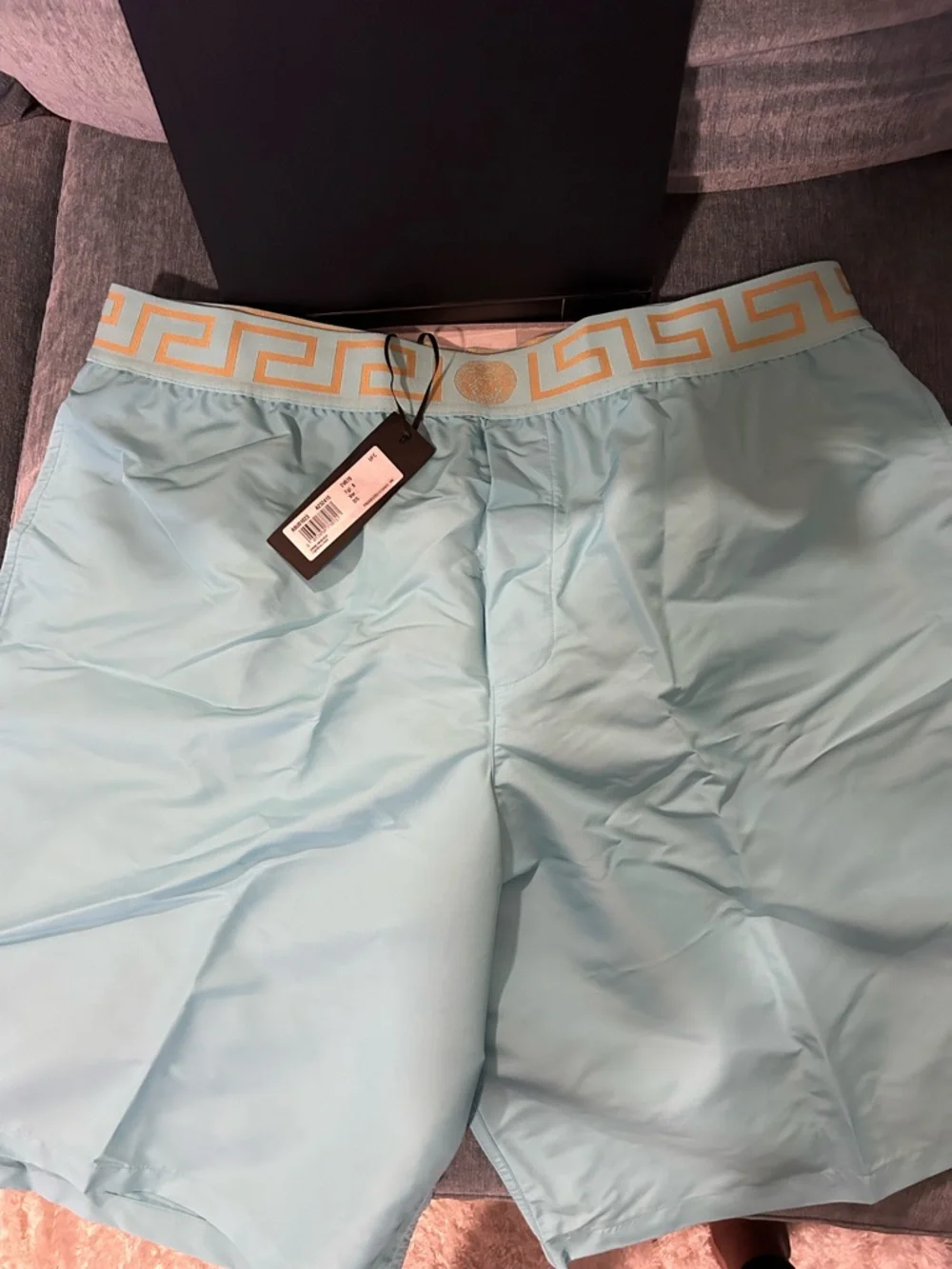 Versace Turquoise Swim Trunks with Gold Waistband - Picture 4 of 9